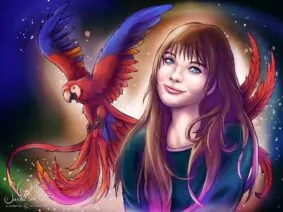 Illustration eines jungen Mädchens mit einem bunten Papagei